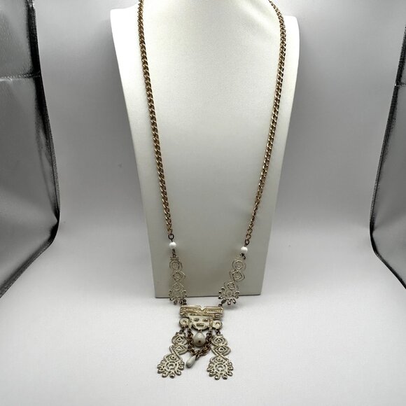 Vintage Sarah Cov Tribal Aztec White Enamel Large Pendant Necklace 36” - Picture 6 of 12